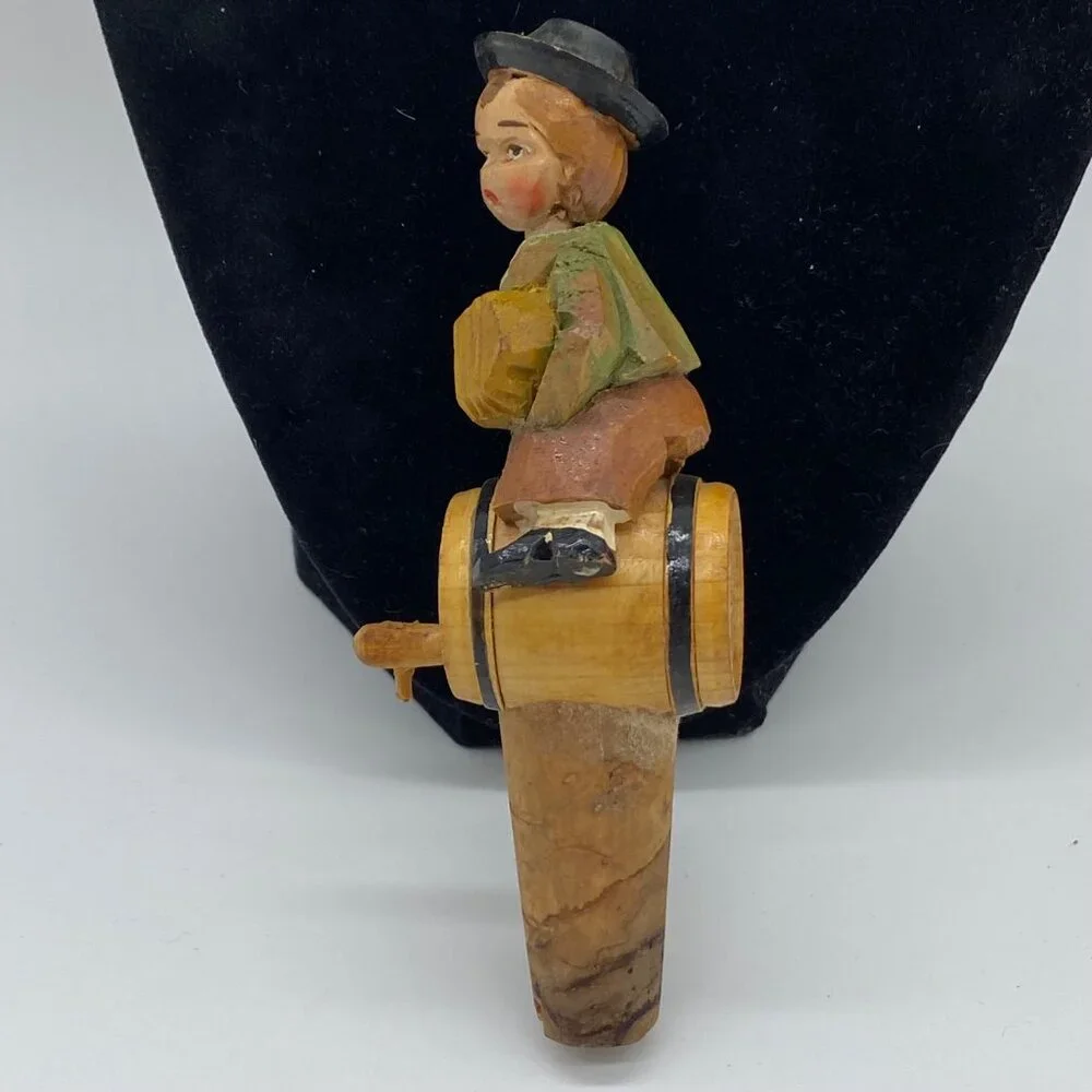 Vintage ANRI Bobble Head Boy on Barrel Cork Wine Bottle Stopper Handcarved Italy